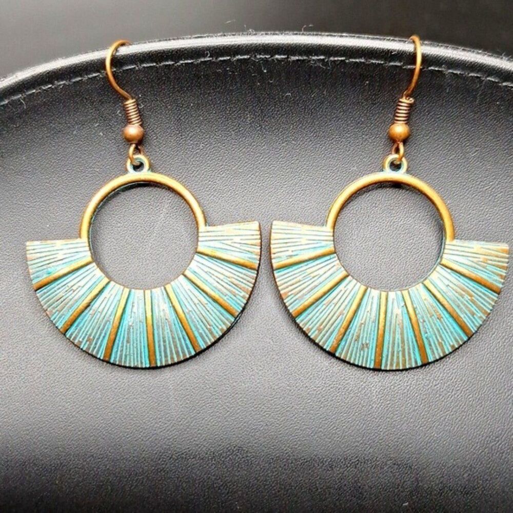 Tribal Fan shape Earrings in Turquoise bronze